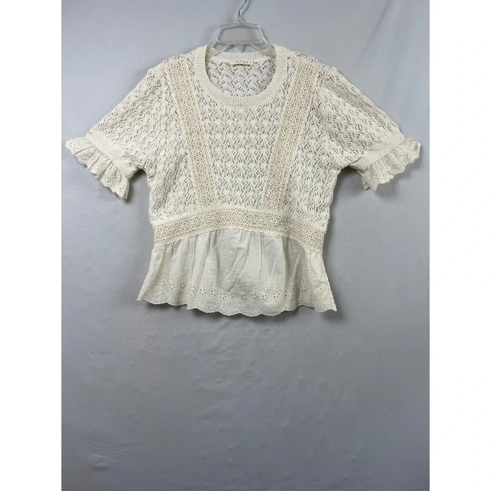 Illa Illa Crochet Top Womens Medium Ivory Eyelet Tiered Coquette Cottage Core - Picture 1 of 8